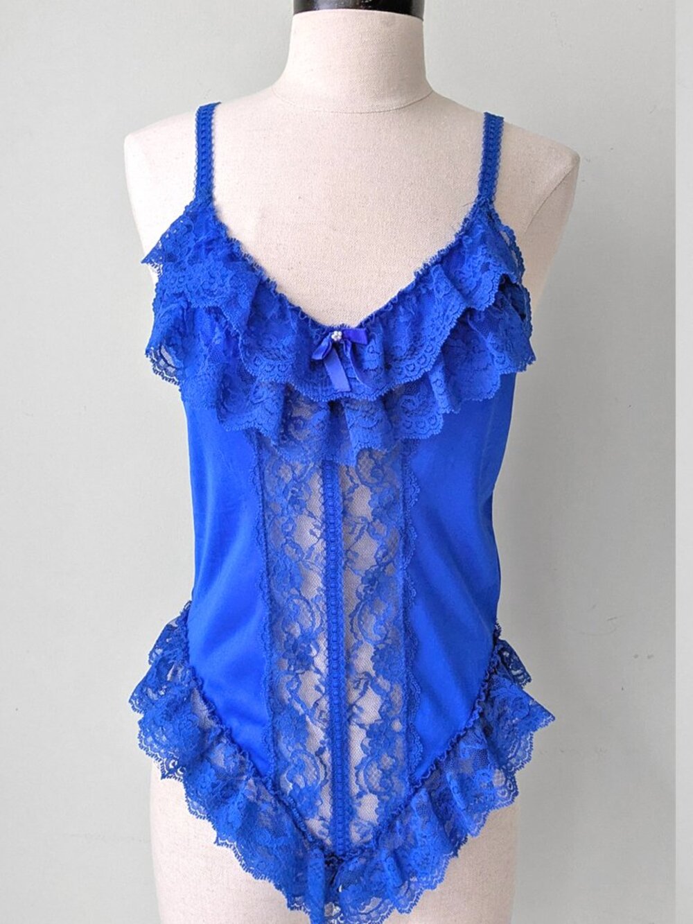 80s Vtg Ultra Ruffle Lace Cobalt Blue Lingerie Teddy Bodysuit